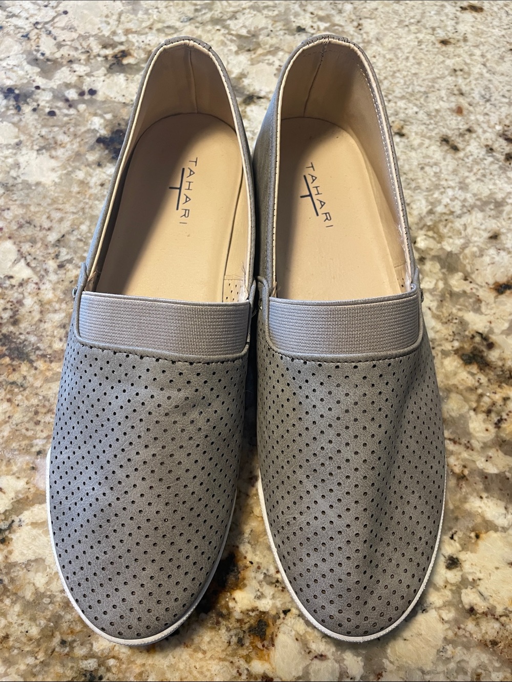 Tahari Light Gray Perforated Slip-On Flats